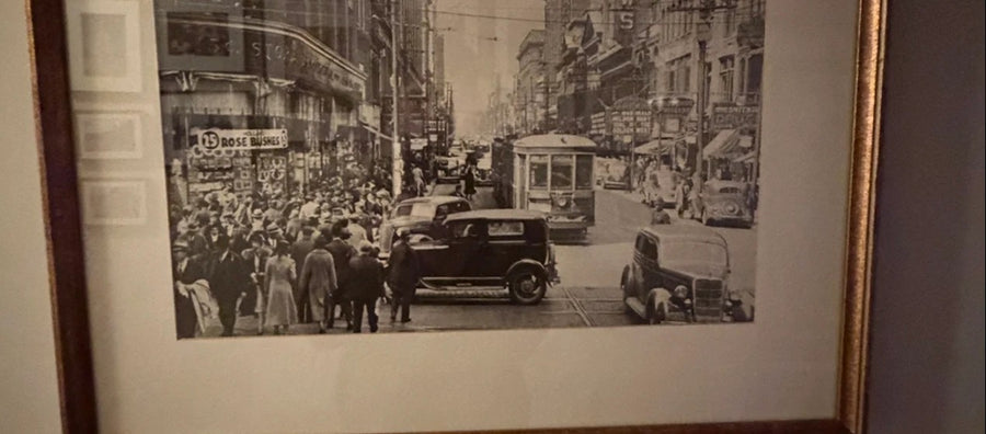 Vintage 1938 Toronto street photograph in a gold and wood frame by Artezaib