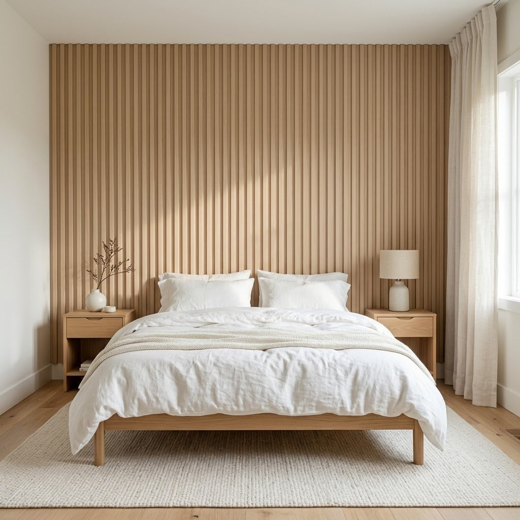 Beige fluted wall panels behind a bed in a Scandinavian bedroom (room setting illustration)