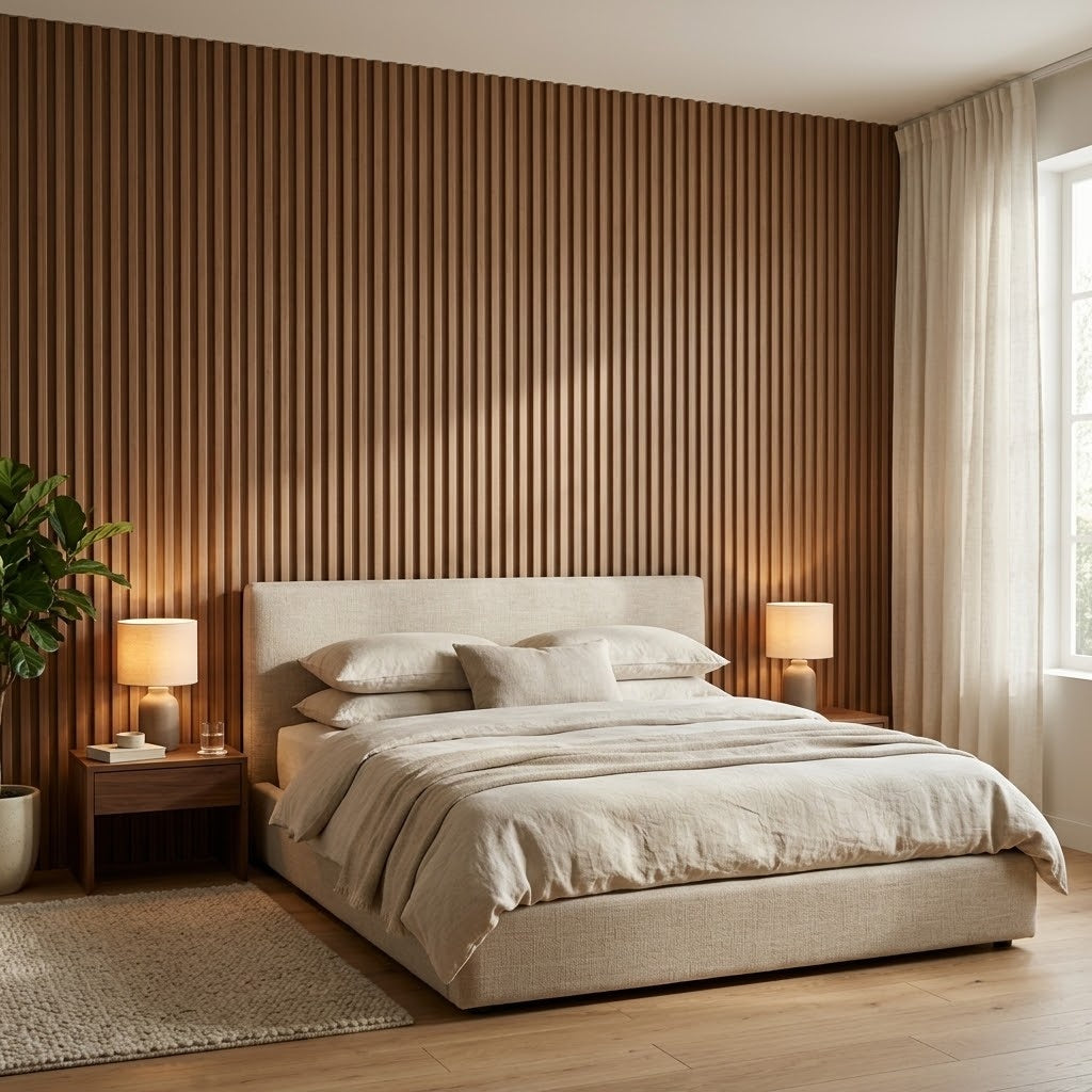 Brown fluted wall panels behind a bed in a modern bedroom (room setting illustration)