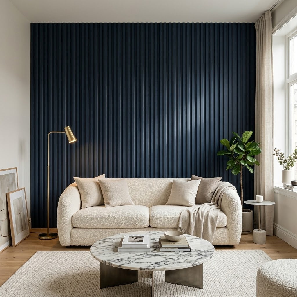 Dark blue fluted wall panels behind a sofa in a modern living room (room setting illustration)