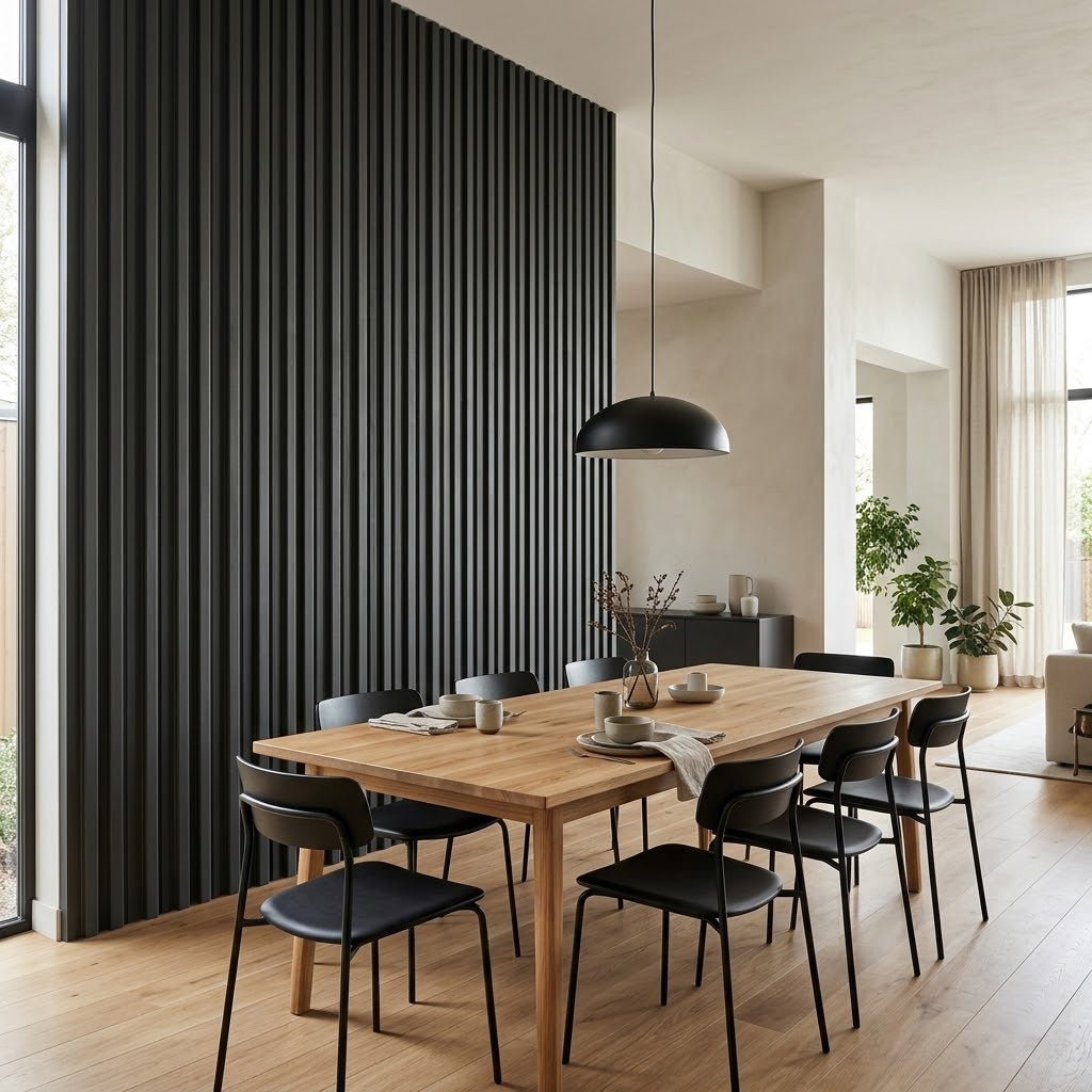 Dark grey fluted wall panels on a dining room accent wall (room setting illustration)