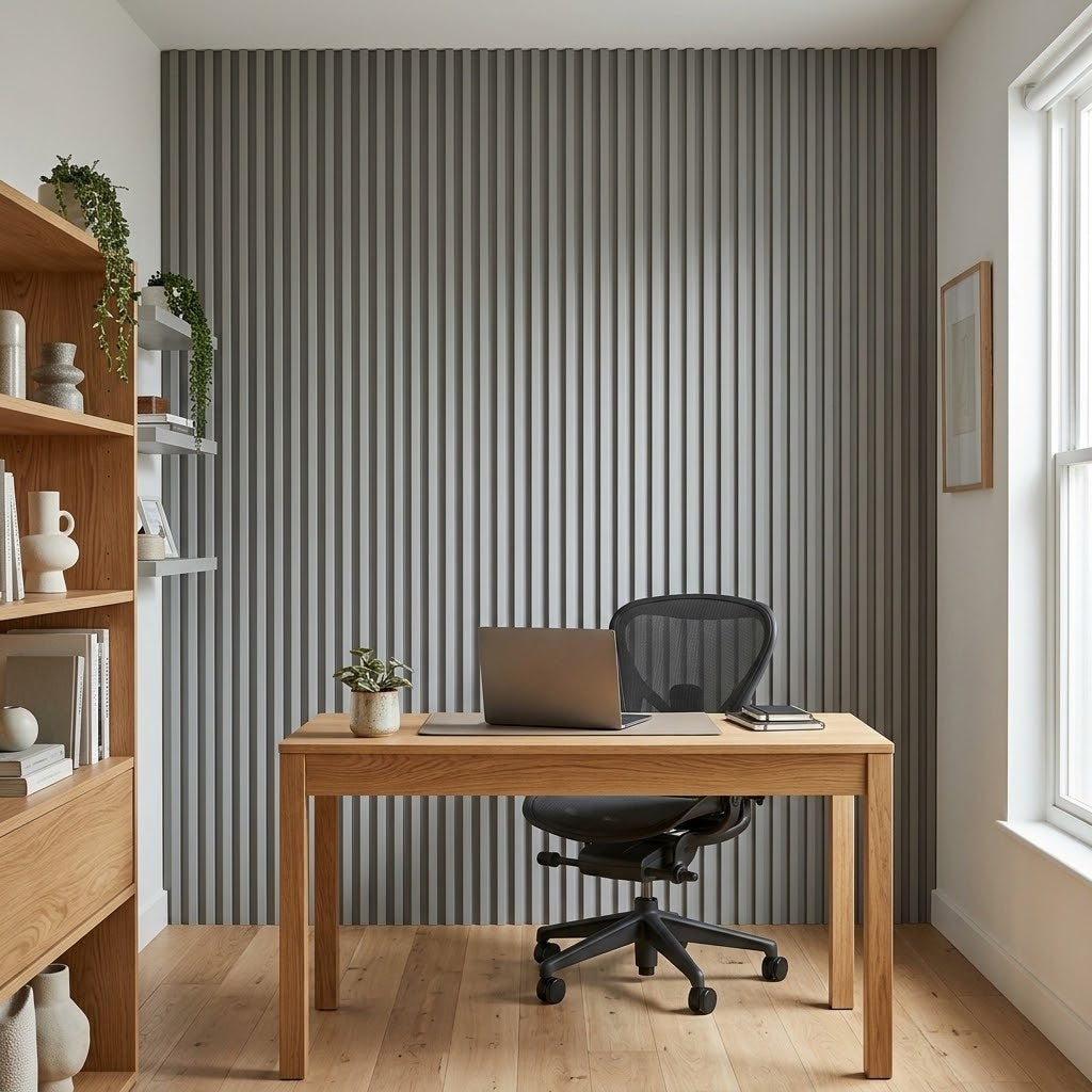 Grey fluted wall panels behind a desk in a modern home office (room setting illustration)