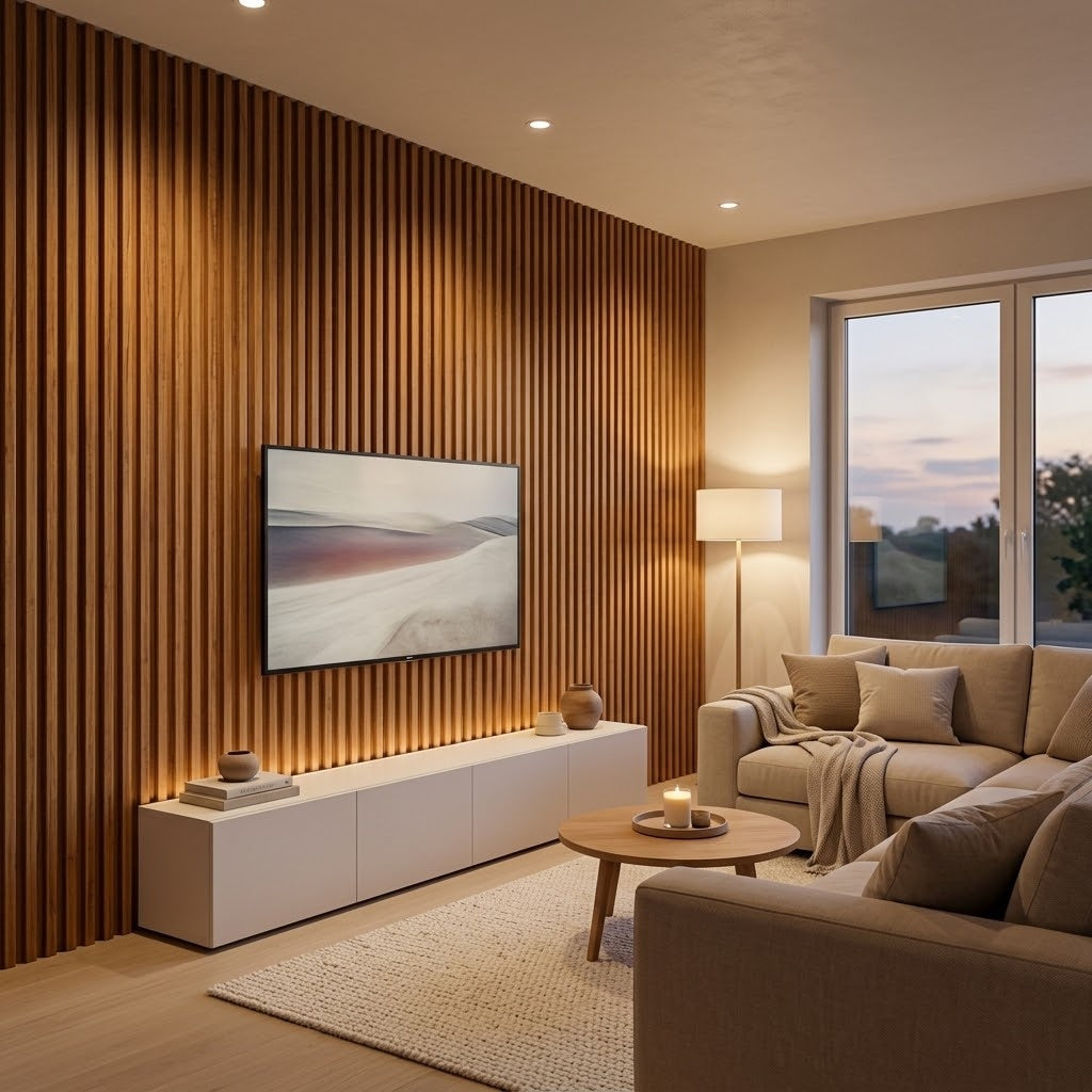 Teak wood fluted wall panels on a living room TV wall (room setting illustration)