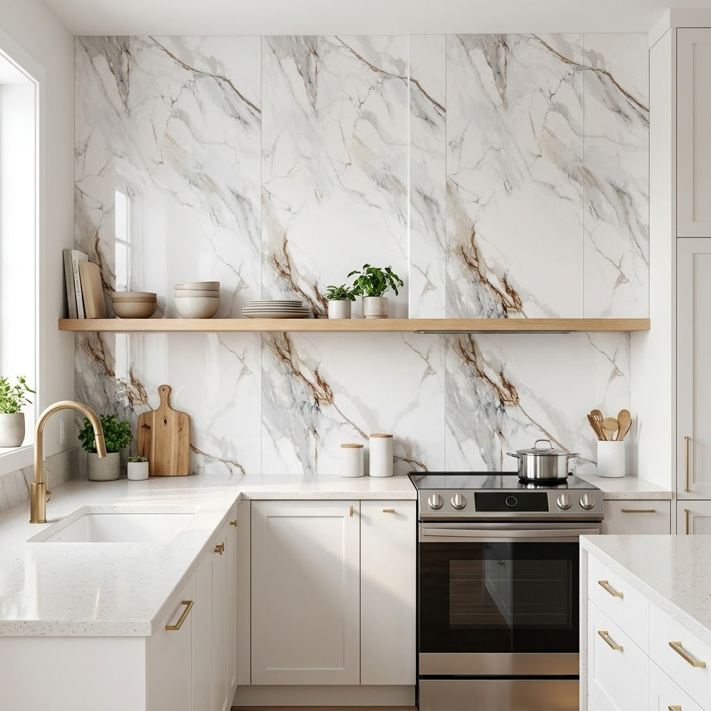 Banana Marble PVC marble sheets on a kitchen wall (room setting illustration)