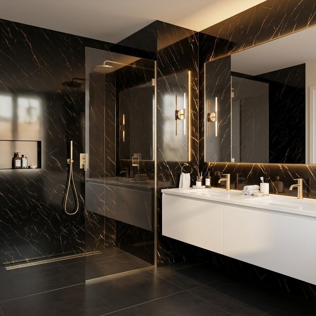 Black Stone PVC marble sheets on bathroom shower and vanity walls (room setting illustration)
