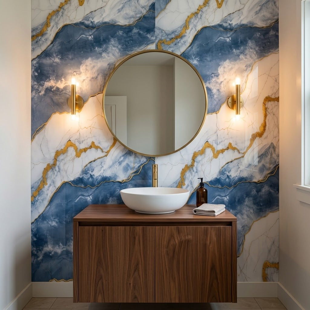 Blue and Gold PVC marble sheets on a powder room vanity wall (room setting illustration)