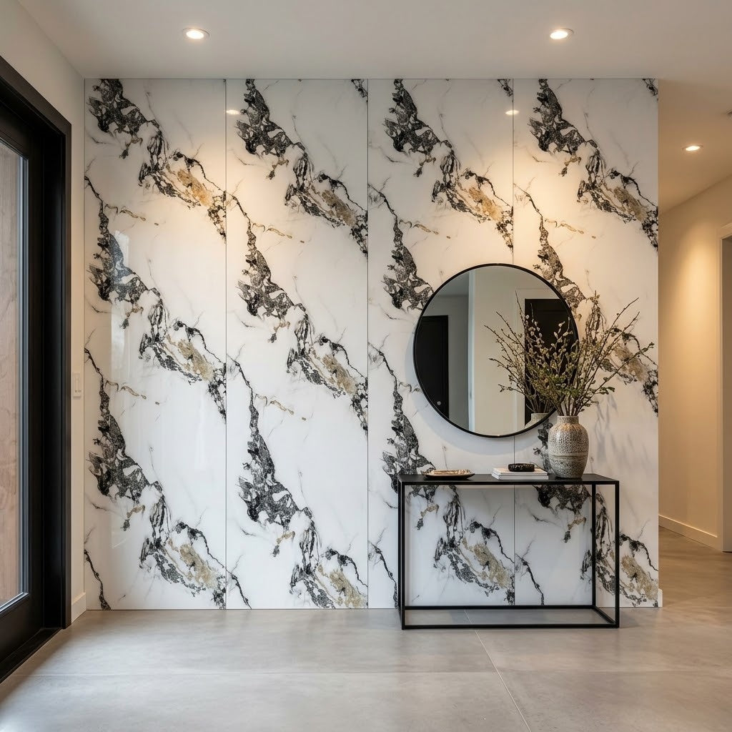 Gold and Black PVC marble sheets on an entryway foyer wall (room setting illustration)