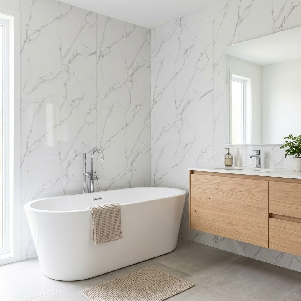 Kabul Marble PVC marble sheets on bright bathroom walls (room setting illustration)
