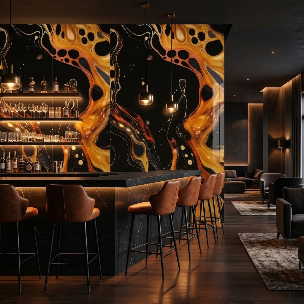 Pepsi Marble PVC marble sheets on a home bar feature wall (room setting illustration)