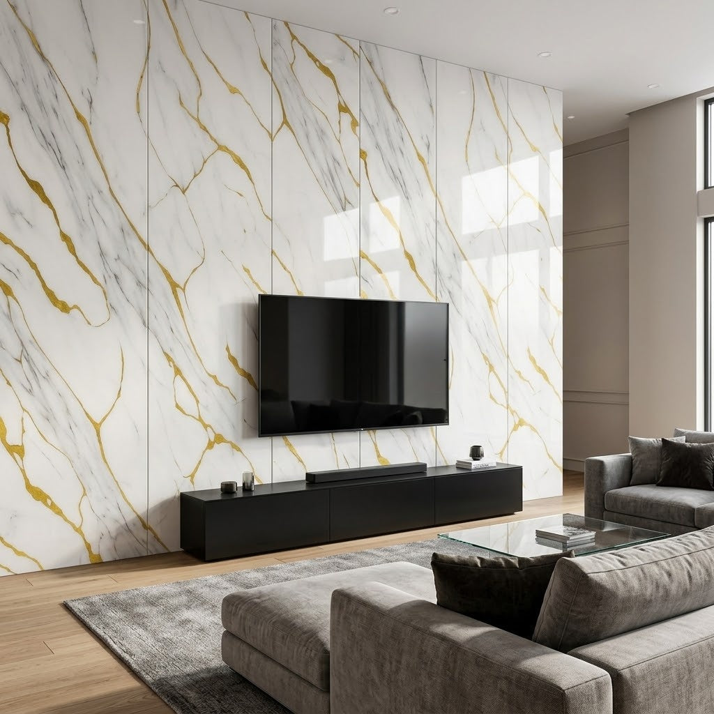 Royal Marble Gold PVC marble sheets on a living room TV wall (room setting illustration)