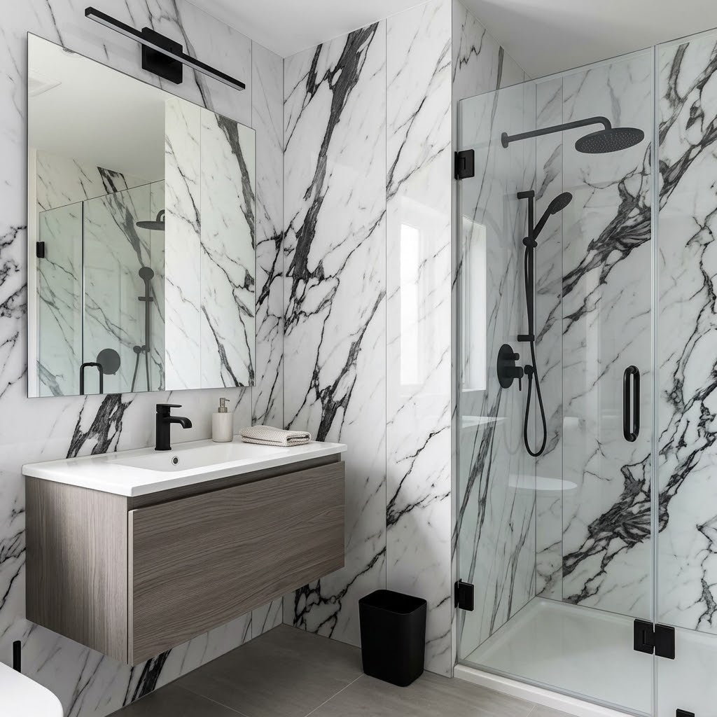 Stone Marble PVC marble sheets on bathroom vanity and shower walls (room setting illustration)