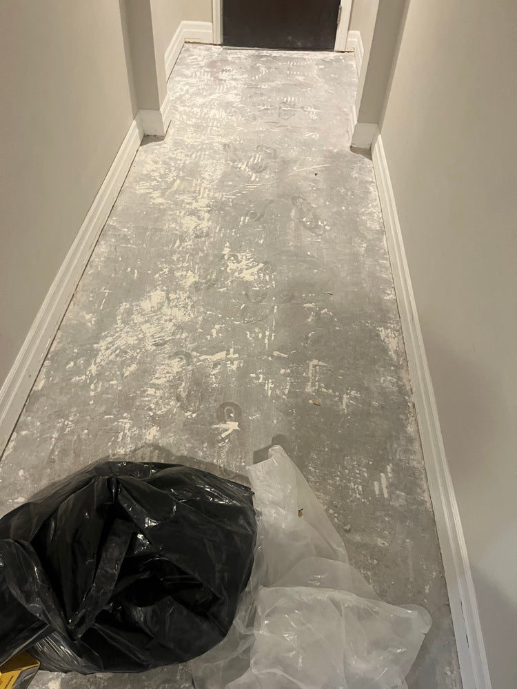 Before: Hallway: bare subfloor to new hardwood