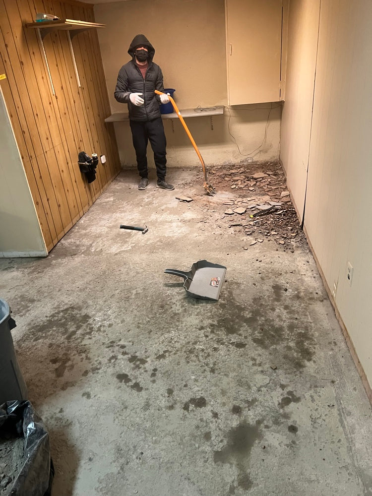 Before: Basement: demolition to new vinyl floor