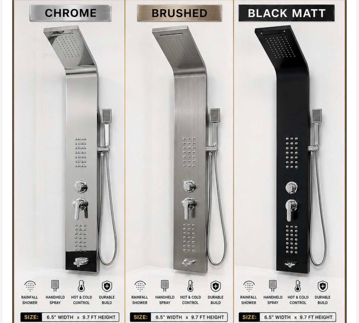 Shower Panels — rainfall shower + handheld spray · Chrome, Brushed, Black Matt · Call for price
