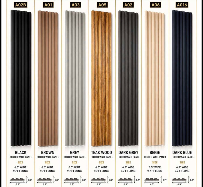 Fluted 3D UPVC Wall Panels — $15 per panel (6.5" wide x 9.7 ft long) · 7 colours: Black, Brown, Grey, Teak Wood, Dark Grey, Beige, Dark Blue
